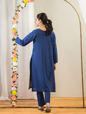 2 Piece Embroidery Shirt With Plain Trouser (Blue)