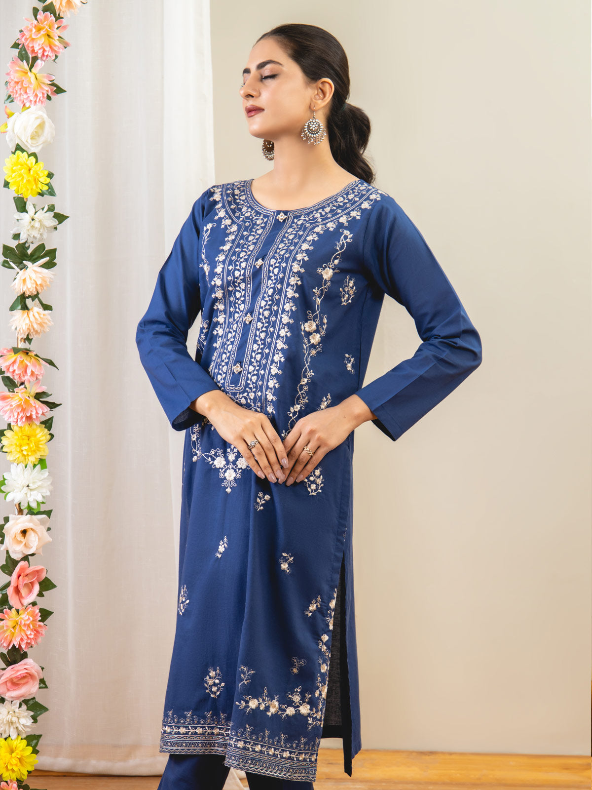 2 Piece Embroidery Shirt With Plain Trouser (Blue)