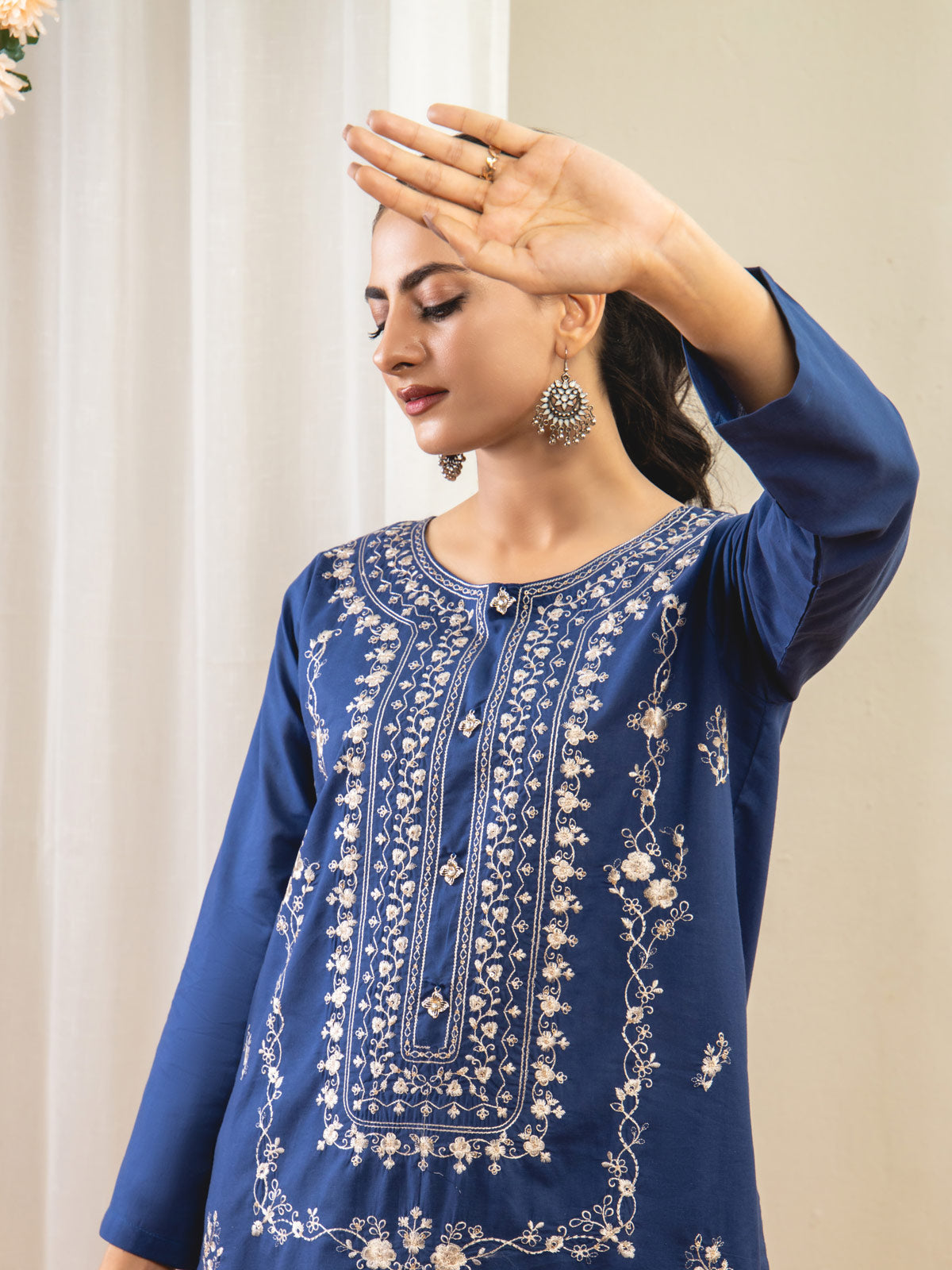 2 Piece Embroidery Shirt With Plain Trouser (Blue)