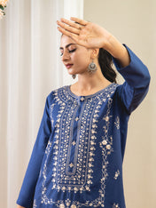 2 Piece Embroidery Shirt With Plain Trouser (Blue)