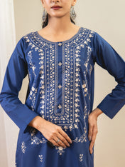 2 Piece Embroidery Shirt With Plain Trouser (Blue)