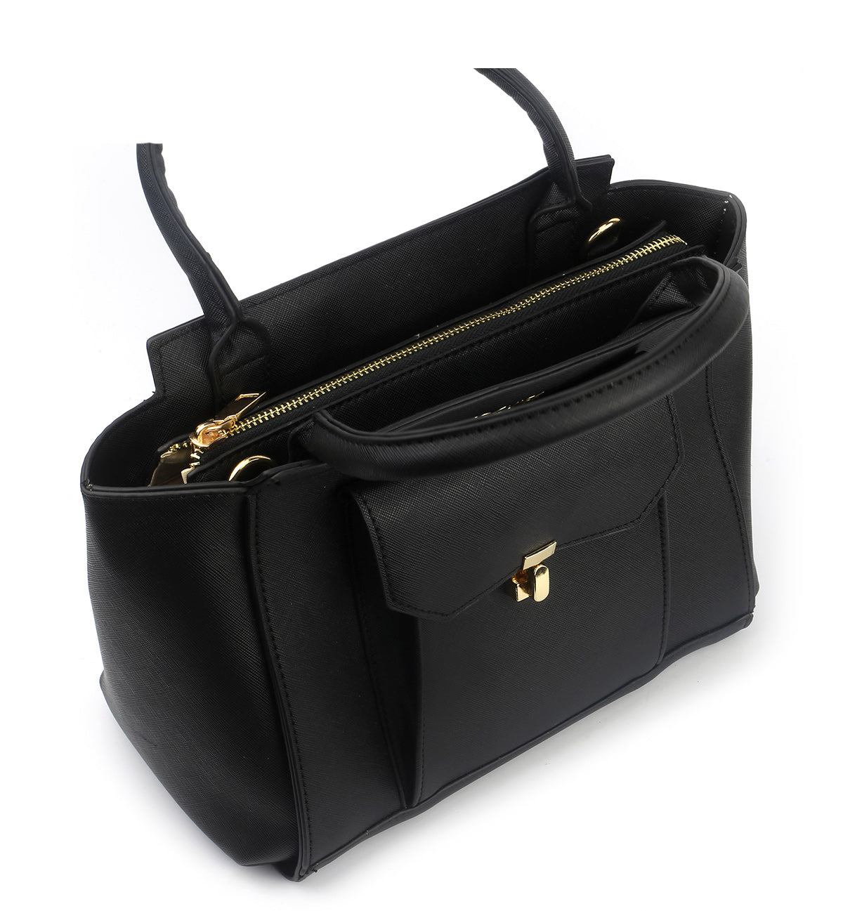 Twist Lock Flap Pocketed Leather Handbag