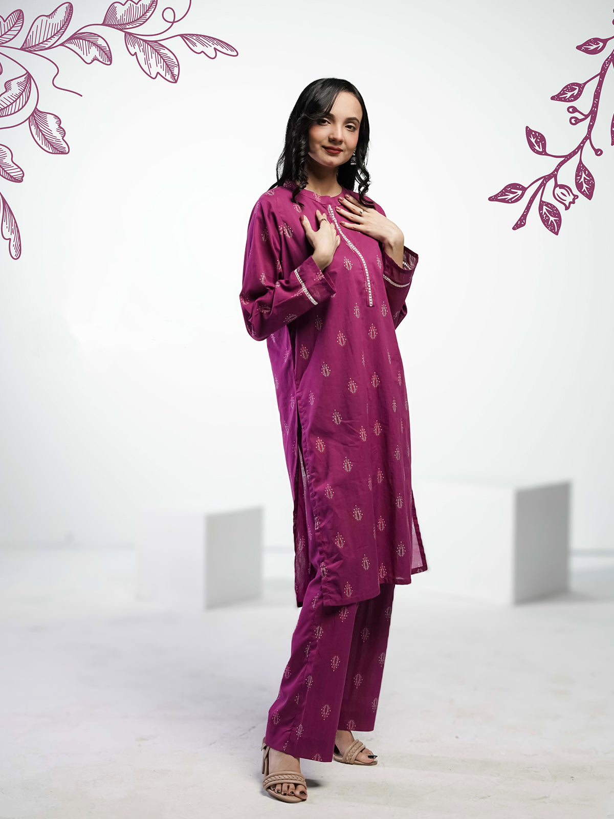 Soft Cambric Stitched-Plum Elegence Co-ord set