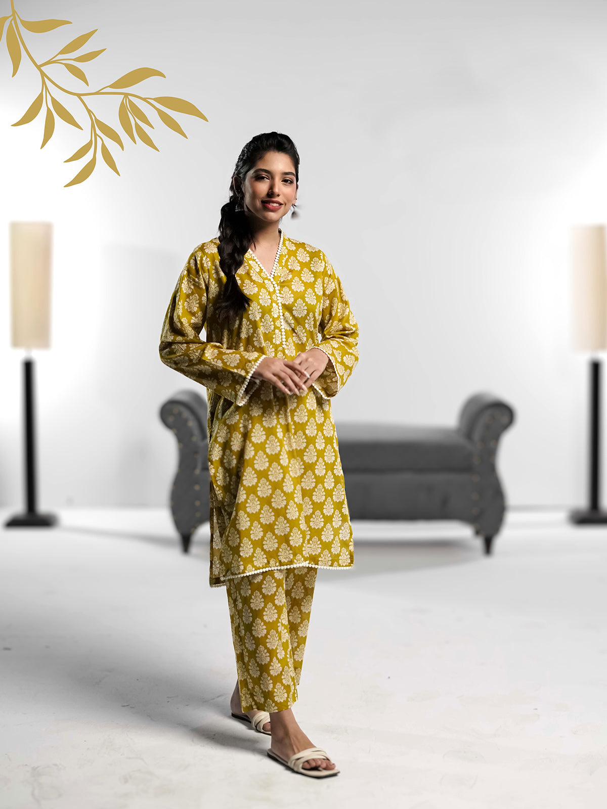 Soft Cambric Stitched-Mustard co ord set