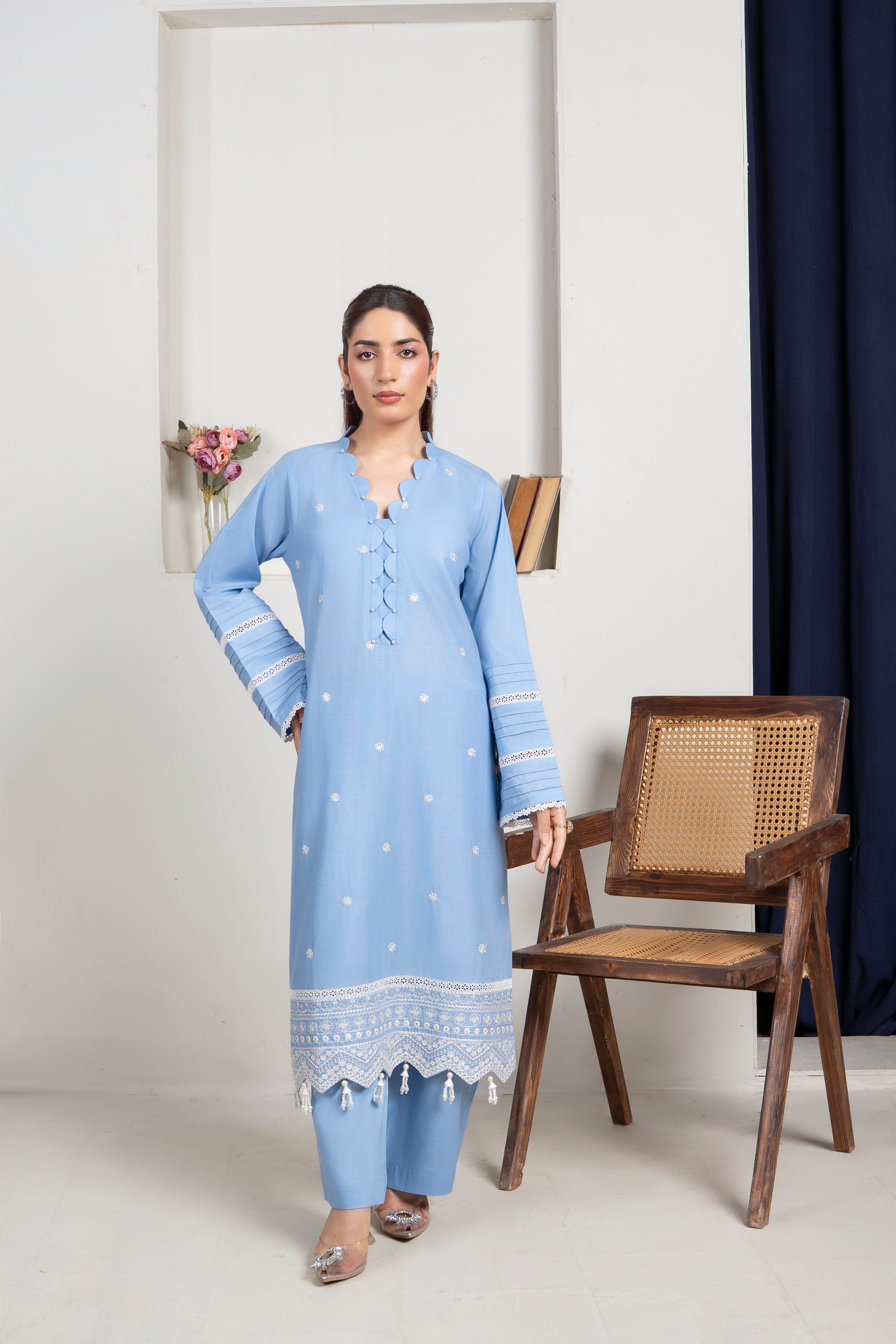 2 Piece Embroidery Suit (Sky-Blue)