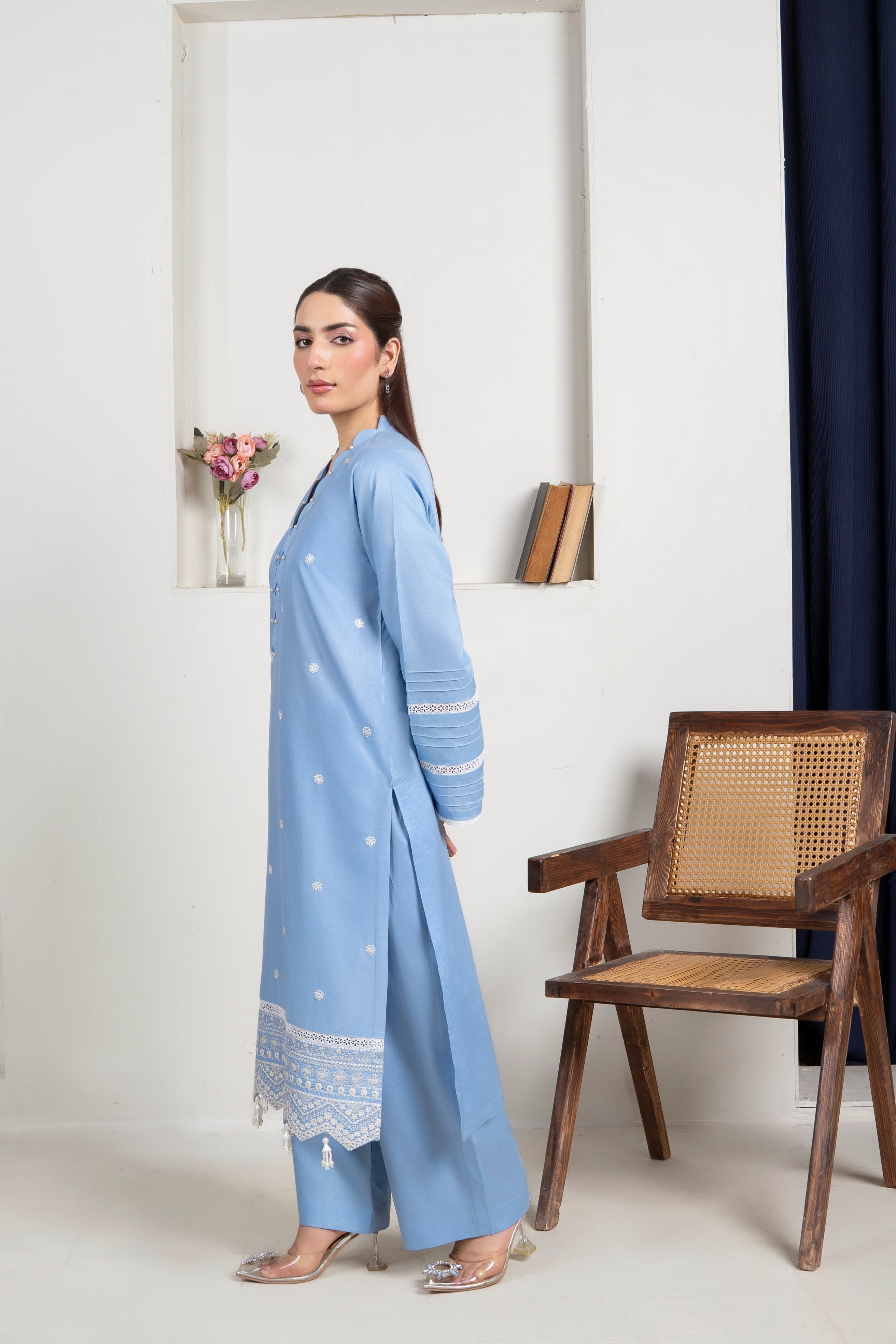 2 Piece Embroidery Suit (Sky-Blue)