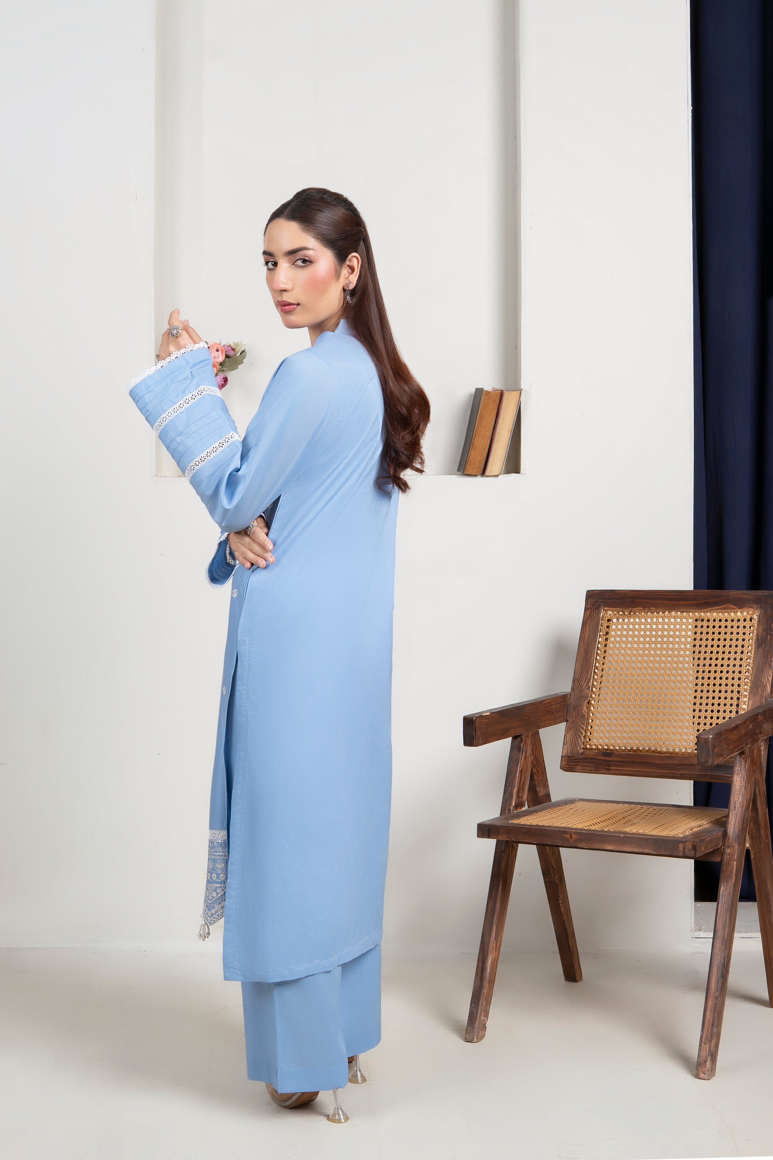2 Piece Embroidery Suit (Sky-Blue)