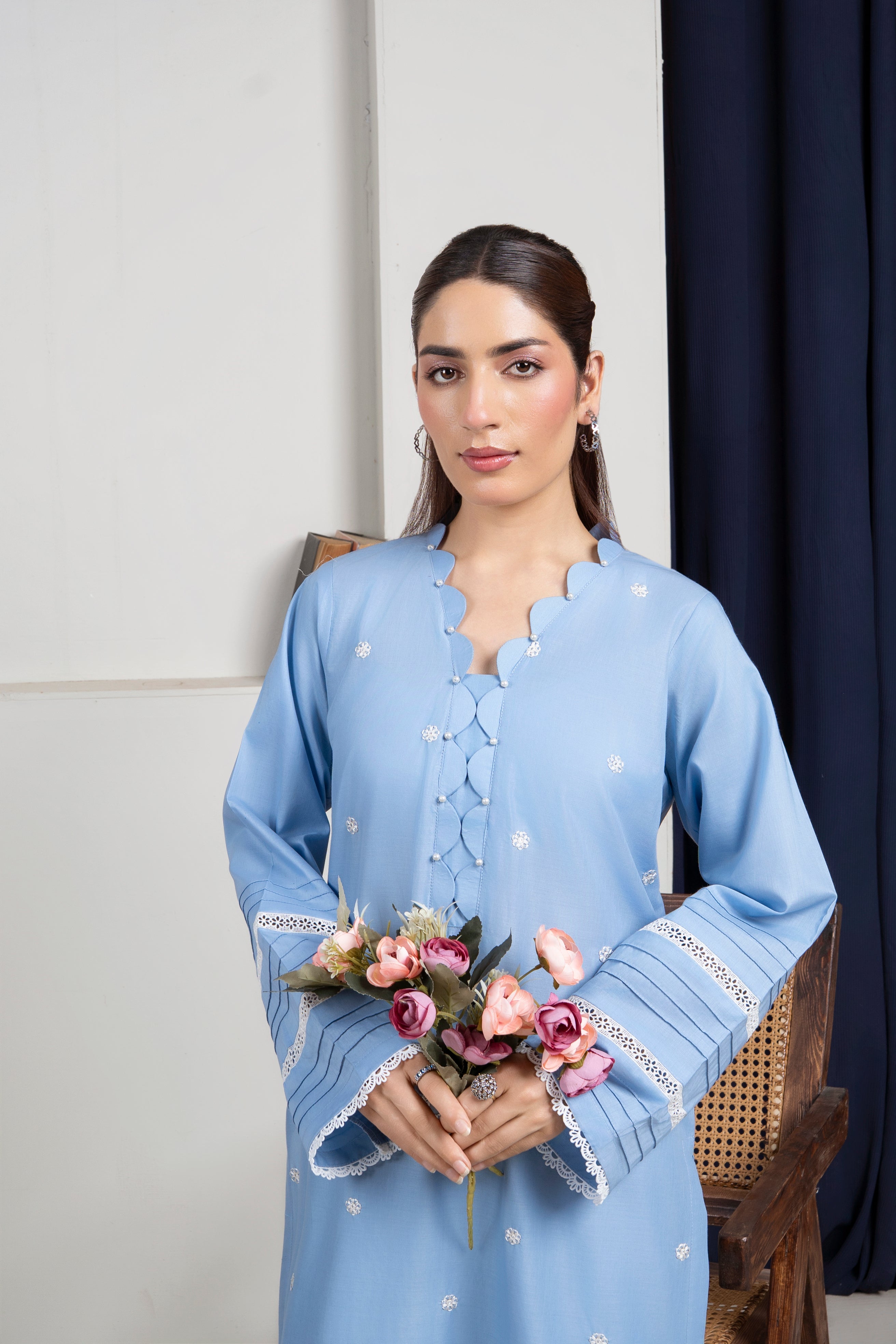 2 Piece Embroidery Suit (Sky-Blue)